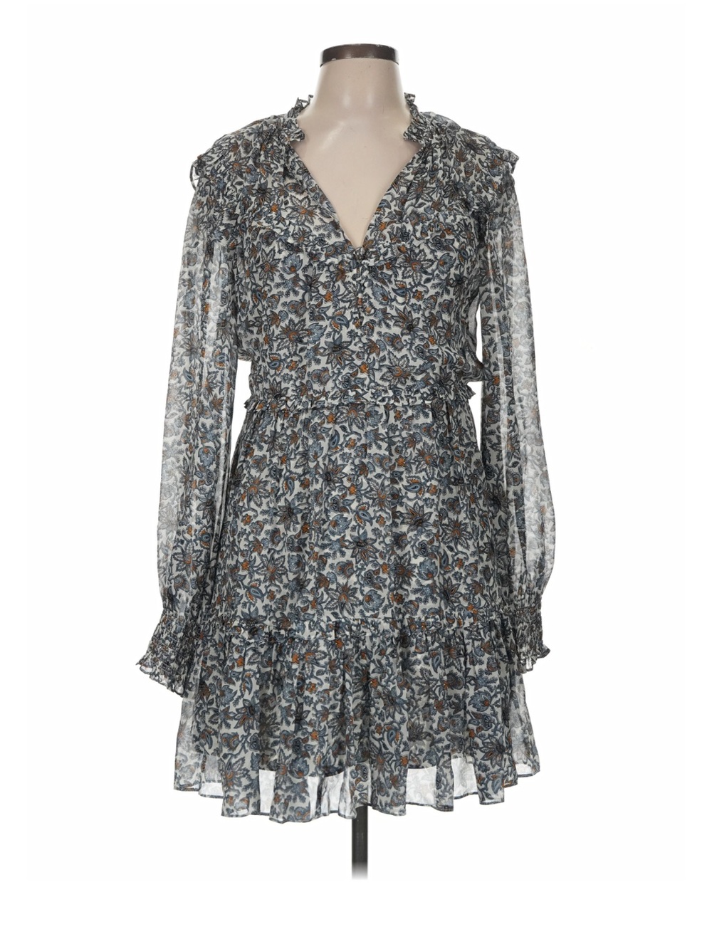 Veronica Beard Blue Floral Long-Sleeve Ruffle Dress